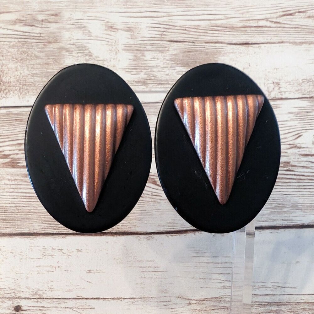 Vintage Clip On Earrings - Statement Oval with Copper Tone Design